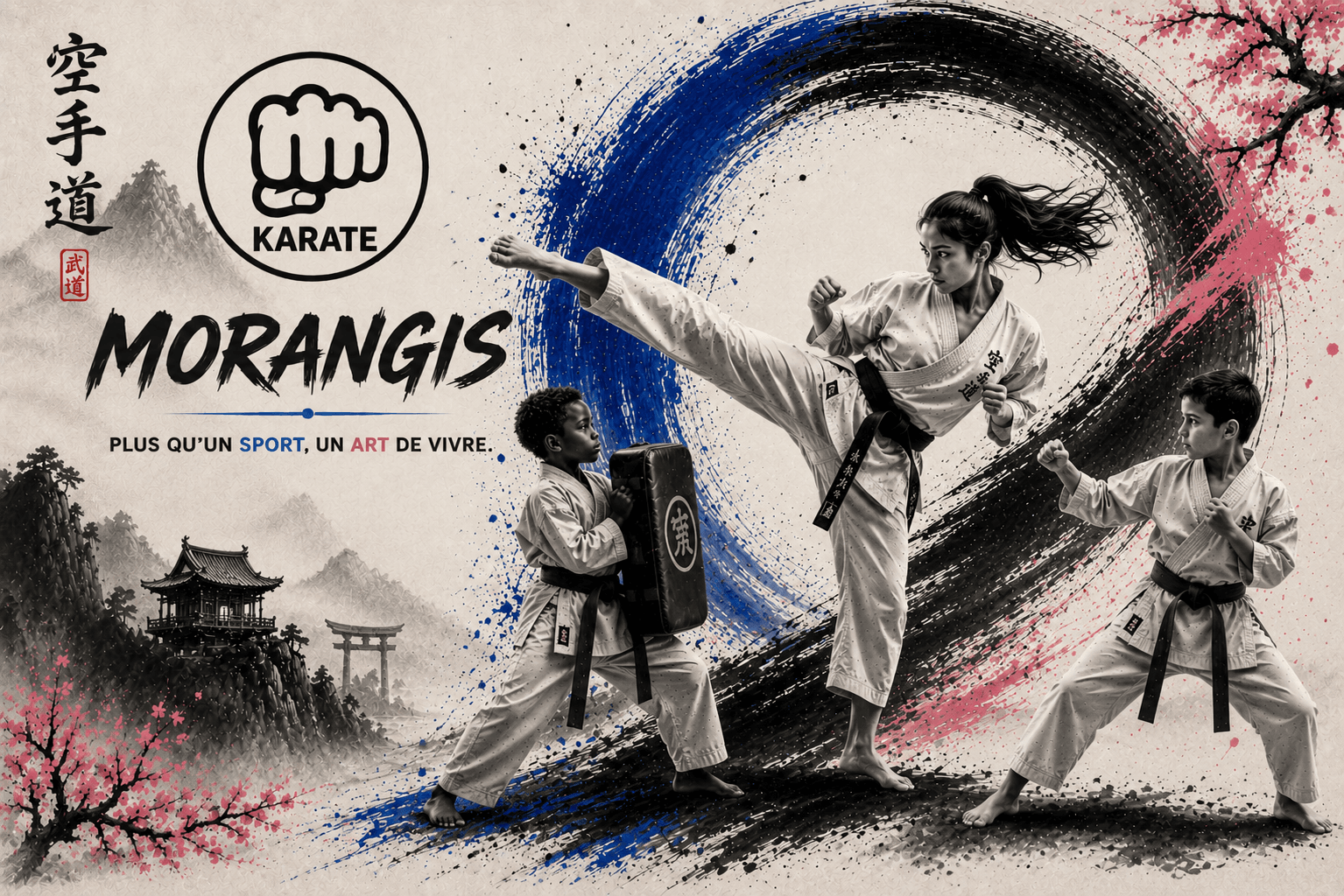 Visuel Karaté Morangis avec professeur et enfants en entraînement